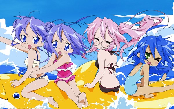 Anime picture 1920x1200 with lucky star kyoto animation izumi konata hiiragi kagami hiiragi tsukasa takara miyuki highres wide image girl