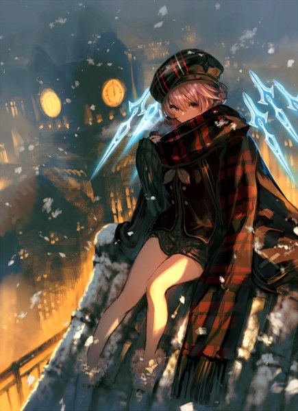Anime picture 798x1100 with original garuku single tall image looking at viewer fringe short hair hair between eyes sitting pink hair full body outdoors pink eyes city snowing cityscape covered mouth girl hat shoes