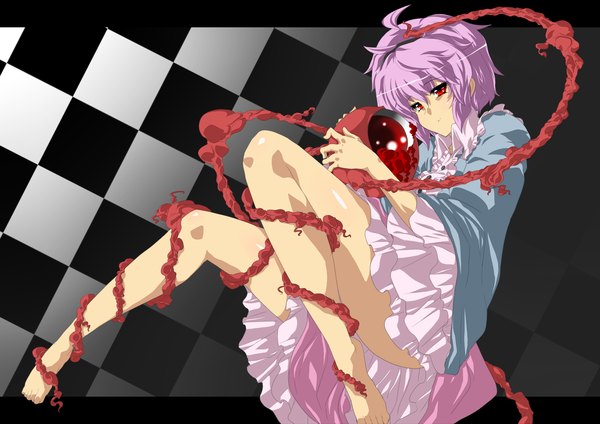 Anime picture 1600x1132 with touhou komeiji satori tomuman single short hair red eyes pink hair barefoot legs checkered girl