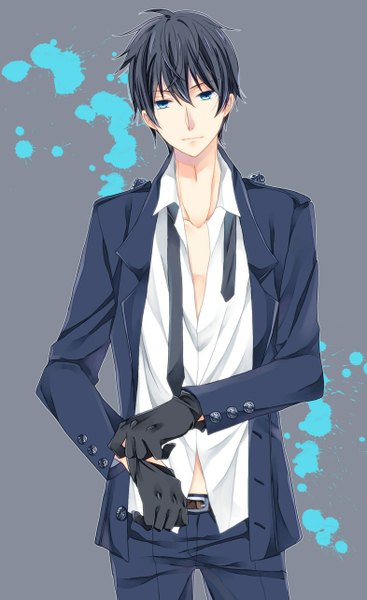 Anime picture 785x1281 with ten count riku kurose single tall image looking at viewer fringe short hair blue eyes standing lips open clothes partially open clothes adjusting gloves boy gloves black gloves necktie belt suit
