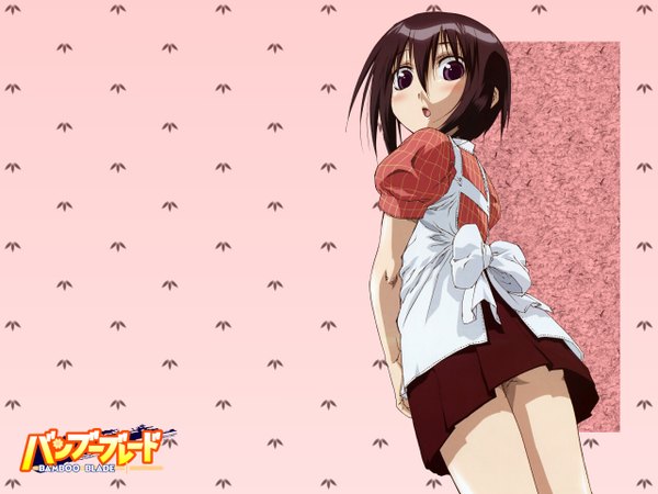 Anime picture 1280x960 with bamboo blade kawazoe tamaki looking at viewer blush short hair open mouth light erotic brown hair brown eyes pleated skirt looking back from behind bare legs from below skirt shirt apron