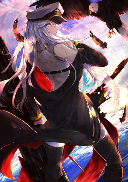 Anime picture 1447x2047 with azur lane enterprise (azur lane) otsunabe (naabe delta) single long hair tall image looking at viewer fringe hair between eyes standing purple eyes sky silver hair cloud (clouds) looking back wind from behind sunlight off shoulder open clothes