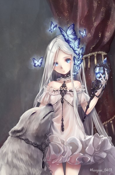 Anime picture 1671x2547 with original hane segawa single tall image looking at viewer blue eyes standing bare shoulders holding signed silver hair indoors very long hair parted lips twitter username glowing girl dress gloves flower (flowers)