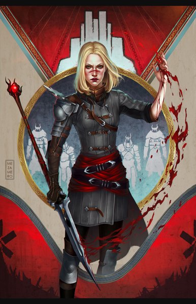 Anime picture 1250x1940 with dragon age (game) original mezamero single long hair tall image blonde hair signed lips grey eyes silhouette girl weapon belt armor blood
