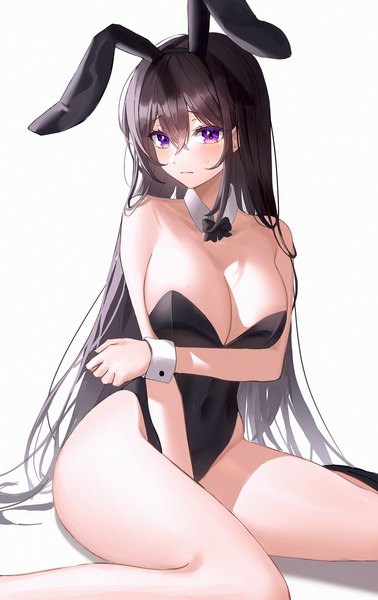Anime picture 2480x3941 with original momimi single long hair tall image looking at viewer blush fringe highres breasts light erotic black hair simple background hair between eyes large breasts white background sitting purple eyes animal ears payot