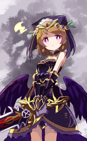Anime picture 649x1048 with love live! school idol project sunrise (studio) love live! koizumi hanayo shikei (jigglypuff) single tall image looking at viewer fringe short hair brown hair standing purple eyes bare shoulders grey background girl weapon earrings sword wings