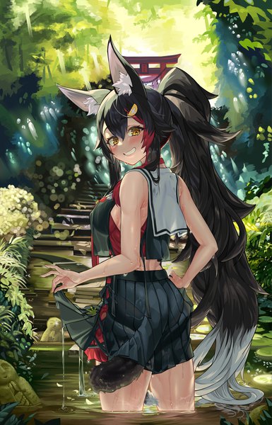 Anime-Bild 2141x3334 mit virtual youtuber hololive ookami mio ookami mio (1st costume) snarkhunt single tall image looking at viewer blush fringe highres breasts light erotic black hair smile hair between eyes large breasts standing brown eyes animal ears