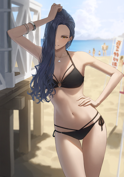 Anime picture 1455x2067 with original kimishima touka hara kenshi long hair tall image looking at viewer fringe breasts light erotic smile standing yellow eyes blue hair sky cleavage cloud (clouds) outdoors parted lips arm up blurry