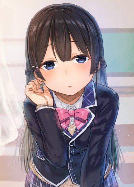 Anime-Bild 2645x3679 mit virtual youtuber nijisanji tsukino mito akky (akimi1127) single long hair tall image looking at viewer fringe highres blue eyes black hair hair between eyes leaning leaning forward adjusting hair girl uniform school uniform school