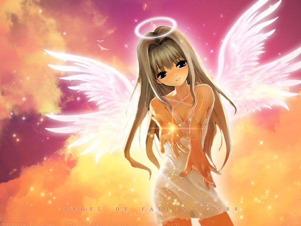 Anime picture 1600x1200 with original shihira tatsuya long hair looking at viewer blush blue eyes brown hair sky light smile wallpaper angel wings angel girl wings halo