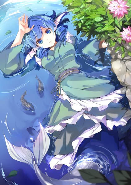 Anime picture 1100x1556 with touhou wakasagihime hasebe yuusaku single tall image looking at viewer short hair blue eyes blue hair tail lying traditional clothes japanese clothes girl flower (flowers) animal petals water kimono fish (fishes)