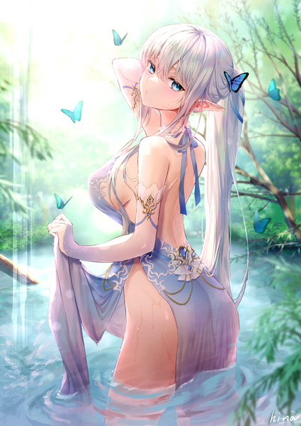 Anime picture 1062x1500 with original hi-na1 single long hair tall image looking at viewer blush fringe breasts blue eyes light erotic large breasts standing bare shoulders signed payot silver hair outdoors ass ponytail