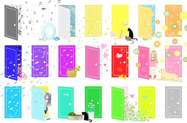 Anime picture 1209x798 with yusorate multiple girls music girl flower (flowers) 2 girls animal food heart moon cat fruit fish (fishes) swim ring dog door basket