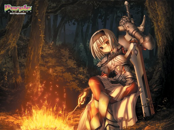 Anime picture 1600x1200 with primitive link purple software sione tsukimori hiro single blush fringe short hair hair between eyes red eyes sitting holding silver hair outdoors copyright name looking down knight 2007 girl gloves