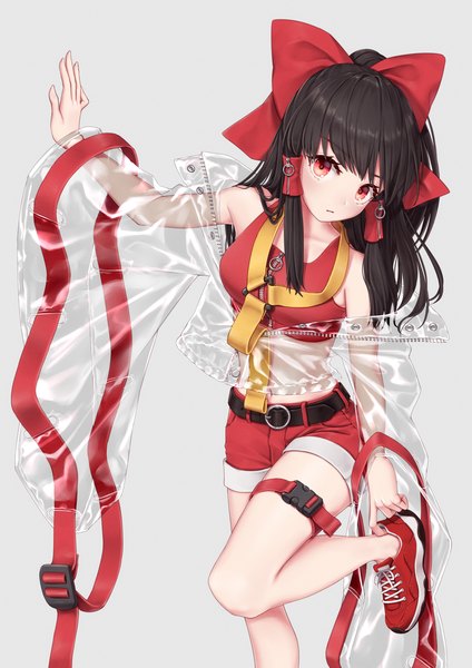 Anime picture 1013x1433 with touhou hakurei reimu torinari (dtvisu) single long hair tall image looking at viewer blush fringe black hair simple background red eyes standing bare shoulders bent knee (knees) long sleeves head tilt arm up off shoulder grey background
