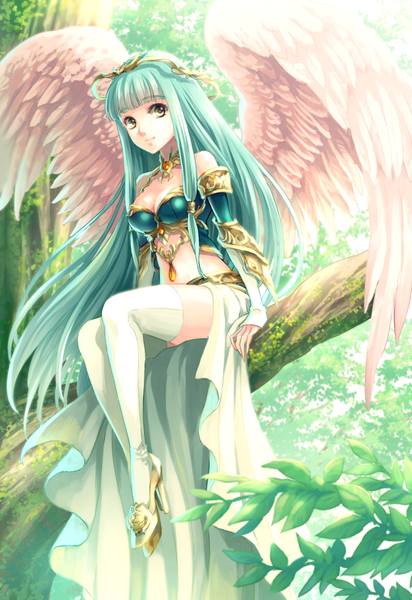 Anime picture 709x1031 with original osapro single long hair tall image looking at viewer fringe breasts sitting bare shoulders green eyes cleavage full body bent knee (knees) outdoors blunt bangs light smile wind aqua hair arm support