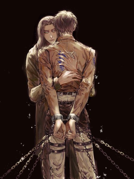 Anime picture 2444x3264 with shingeki no kyojin production i.g eren yaeger mediekg (medievalknightgun) long hair tall image looking at viewer highres short hair simple background brown hair standing green eyes from behind multiple boys hug black background dual persona boy chain