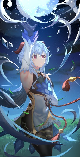 Anime picture 2316x4528 with genshin impact ganyu (genshin impact) elkae177 single long hair tall image fringe highres hair between eyes purple eyes blue hair outdoors arm up horn (horns) wind night armpit (armpits) night sky hand on chest low ponytail