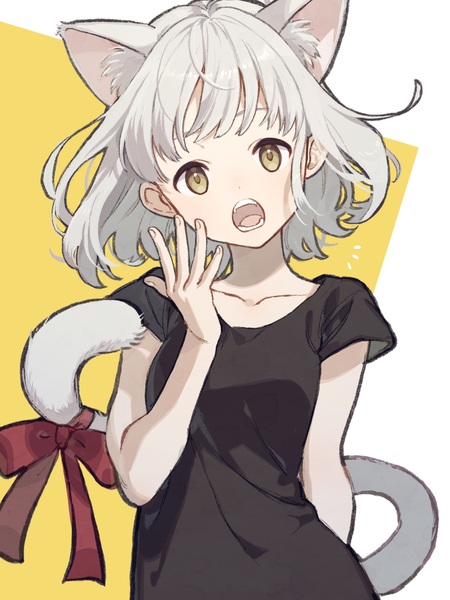 Anime picture 1668x2224 with original hanamoto single tall image looking at viewer short hair open mouth animal ears yellow eyes silver hair tail animal tail cat ears cat girl cat tail extra ears tail ribbon girl ribbon (ribbons)