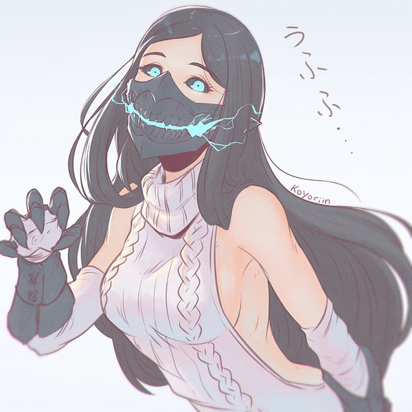 Anime picture 900x900 with original ember koyoriin single long hair looking at viewer fringe breasts blue eyes light erotic large breasts arm up glowing watermark black sclera girl detached sleeves mask virgin killer sweater