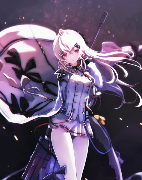 Anime picture 938x1188 with girls frontline iws-2000 (girls frontline) nekoya (liu) single long hair tall image blush fringe light erotic hair between eyes red eyes standing looking away ahoge white hair long sleeves pleated skirt wind open clothes sparkle