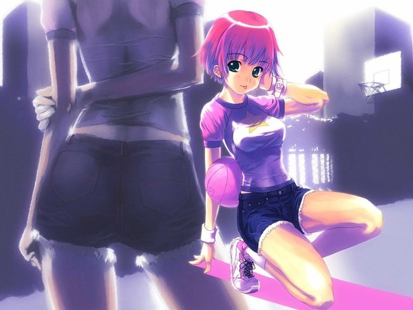 Anime picture 1024x768 with komorebi no namikimichi yuuki mitsuru short hair wallpaper hands behind back squat :p basketball shoes shorts tongue sneakers wristlet