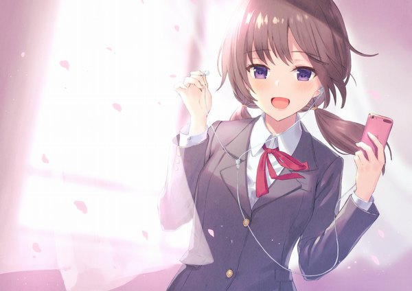 Anime picture 1024x725 with original haru (hiyori-kohal) single long hair looking at viewer fringe open mouth smile brown hair standing purple eyes twintails holding upper body indoors long sleeves :d wind sunlight low twintails