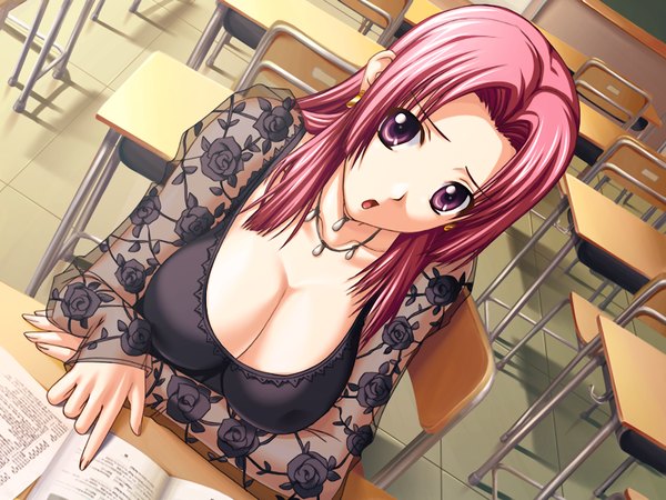 Anime picture 1200x900 with tsuyokiss cool x sweet breasts open mouth light erotic purple eyes game cg red hair classroom teacher girl