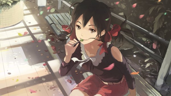 Anime picture 2000x1125 with original ooi choon liang single long hair looking at viewer highres black hair wide image twintails bare shoulders wind short twintails silver eyes girl hair ornament ribbon (ribbons) hair ribbon petals candy lollipop