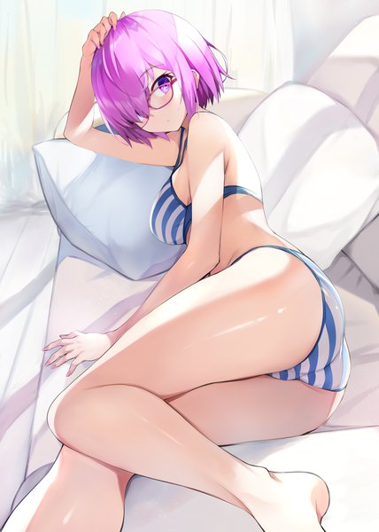 Anime picture 2976x4175 with fate (series) fate/grand order mash kyrielight jas (annkoromochi) single tall image looking at viewer blush fringe highres short hair breasts light erotic purple eyes pink hair ass lying barefoot hair over one eye bare legs