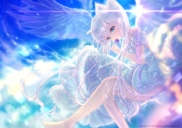 Anime picture 1755x1241 with original hou no ka single long hair looking at viewer blush fringe highres blue eyes hair between eyes twintails holding signed animal ears sky cloud (clouds) bent knee (knees) outdoors white hair nail polish