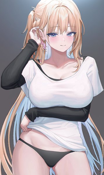 Anime picture 1457x2448 with original punipuni (p00nipooni) single long hair tall image breasts light erotic simple background blonde hair large breasts standing long sleeves multicolored hair arm up light smile two-tone hair one side up gradient background adjusting hair sleeves past wrists