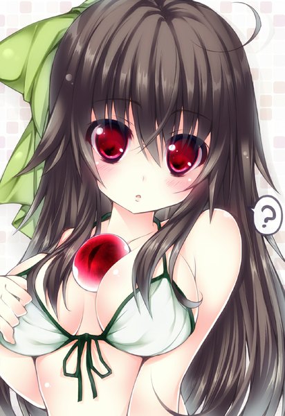 Anime picture 688x1000 with touhou reiuji utsuho ojitcha single long hair tall image looking at viewer blush breasts light erotic black hair red eyes between breasts girl bow swimsuit hair bow bikini