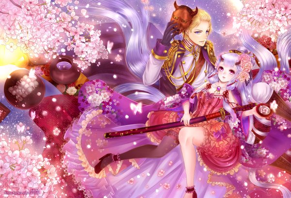 Anime picture 1469x1000 with original haruci looking at viewer short hair blue eyes blonde hair red eyes multiple girls white hair very long hair hair flower horn (horns) couple cherry blossoms girl thighhighs dress gloves hair ornament flower (flowers)