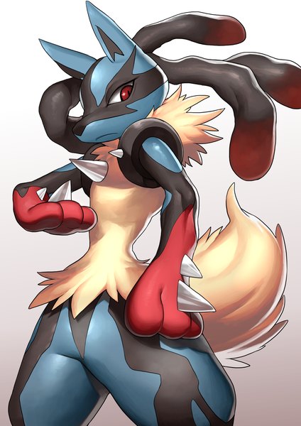 Anime picture 992x1403 with pokemon pokemon xy nintendo lucario mega lucario wadani hitonori single tall image simple background red eyes standing looking away looking back gradient background no people gen 4 pokemon mega pokemon pokemon (creature) spikes