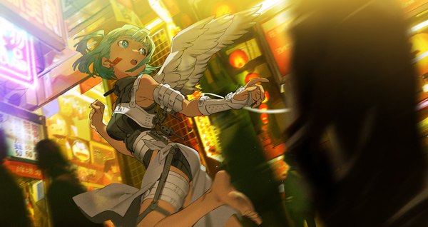 Anime picture 4659x2474 with original yoneyama mai fringe highres short hair breasts open mouth wide image looking away absurdres looking back barefoot aqua eyes blurry aqua hair from below one side up city solo focus white wings