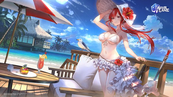Anime picture 1800x1012 with azur lane monarch (azur lane) sho (shoichi-kokubun) single long hair looking at viewer blush fringe highres breasts light erotic hair between eyes wide image large breasts standing purple eyes sky cloud (clouds) outdoors red hair
