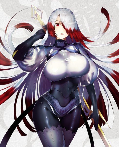 Anime picture 1628x2000 with megido72 asmodeus (megido72) tetsubuta single long hair tall image looking at viewer blush fringe breasts open mouth light erotic simple background red eyes large breasts standing holding silver hair red hair multicolored hair