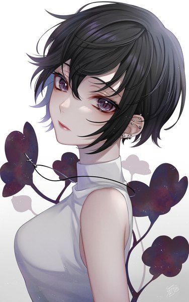 Anime picture 752x1200 with original ca yu single tall image looking at viewer fringe short hair black hair simple background hair between eyes white background purple eyes bare shoulders signed head tilt lipstick gradient background piercing portrait ear piercing