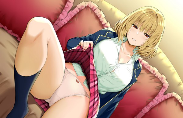 Anime picture 1600x1035 with original sky-freedom single looking at viewer blush fringe short hair breasts light erotic blonde hair hair between eyes red eyes large breasts sitting payot cleavage bent knee (knees) indoors nail polish fingernails