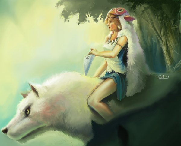 Anime picture 3009x2446 with mononoke hime studio ghibli san tn3h highres short hair blonde hair brown eyes signed yellow eyes absurdres profile lips teeth fang (fangs) torn clothes face paint girl weapon plant (plants)