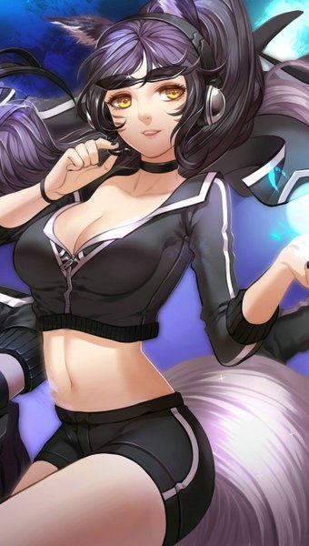 Anime picture 951x1676 with league of legends ahri (league of legends) gu-ko citemer single long hair tall image breasts animal ears yellow eyes looking away cleavage purple hair tail animal tail bare belly midriff alternate costume facial mark fox girl whisker markings