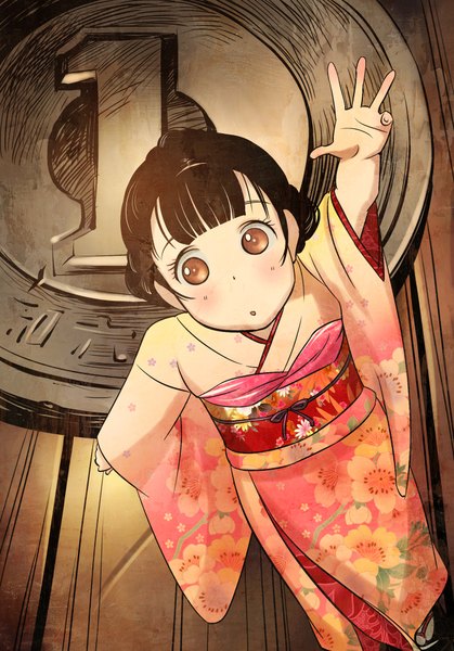 Anime picture 1396x2000 with original hino kahoru single tall image blush fringe black hair brown eyes japanese clothes from above outstretched arm floral print girl kimono child (children) coin (coins)