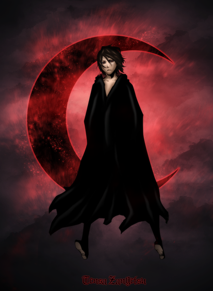 Anime picture 1100x1503 with bleach studio pierrot zangetsu tall image black hair red eyes crescent boy moon cloak