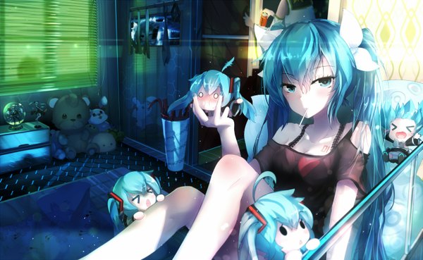Anime picture 1379x850 with vocaloid hatsune miku hachune miku qys3 long hair looking at viewer blush wide image sitting twintails multiple girls holding ahoge indoors aqua eyes aqua hair tattoo 6+ girls chibi > <