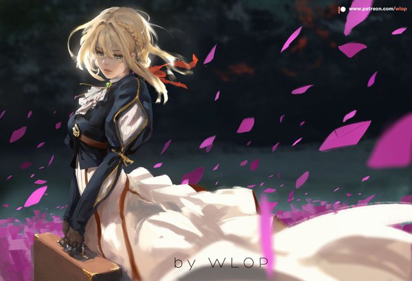 Anime-Bild 1692x1156 mit violet evergarden kyoto animation violet evergarden (character) wlop single fringe short hair blue eyes blonde hair hair between eyes standing signed braid (braids) wind watermark looking down logo jpeg artifacts girl dress