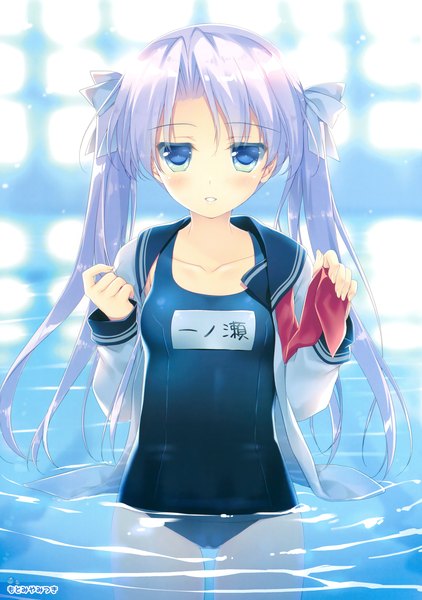 Anime picture 2320x3300 with original motomiya mitsuki single long hair tall image looking at viewer blush highres blue eyes light erotic twintails silver hair scan open shirt girl swimsuit shirt water one-piece swimsuit sailor suit