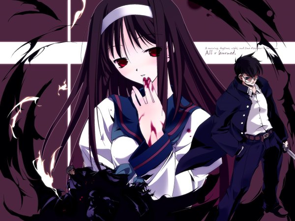 Anime picture 1280x960 with shingetsutan tsukihime melty blood type-moon toono akiha tohno shiki nrvnqsr chaos ruroo long hair short hair blue eyes red eyes purple hair multiple boys solo focus hand in pocket hand to mouth girl boy glasses belt