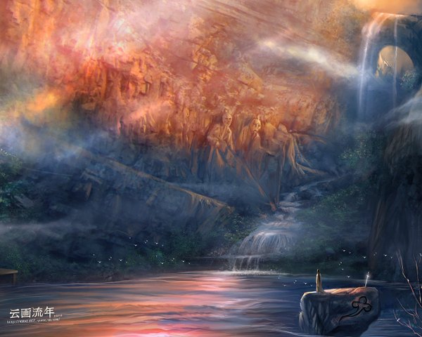 Anime picture 1280x1024 with hiliuyun (artist) single long hair cloud (clouds) from behind hieroglyph mountain river rock waterfall fog plant (plants) sword tree (trees) water stone (stones)