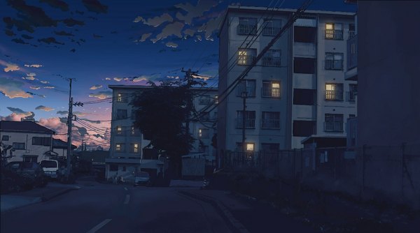 Anime picture 968x540 with original houjou takasi wide image sky cloud (clouds) night night sky city evening sunset cityscape no people city lights street real world location building (buildings) ground vehicle car power lines road